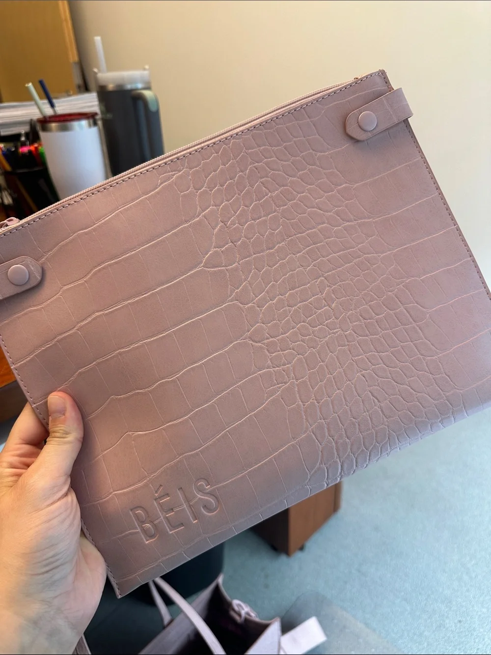 BEIS Blush Croc-Embossed Laptop Tote with Removable Strap